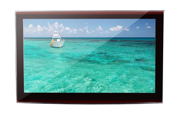 Tampilan TV LCD dengan pemandangan laut Karibia yang indah — Stok Foto