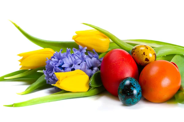 Пасхальные яйца с весенними цветами — стоковое фото