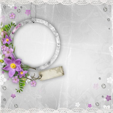 Vintage paper photo frame with spring flowers on textured backgr clipart