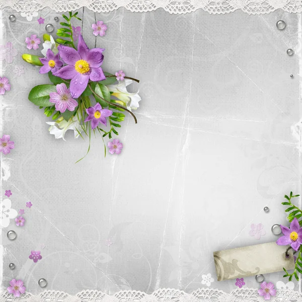 Tło z wiosennych kwiatów, krople, koronki — Zdjęcie stockowe