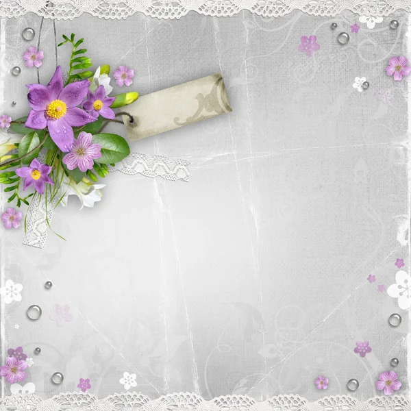 Vintage background with spring flowers, drops, lace — Stock Photo, Image