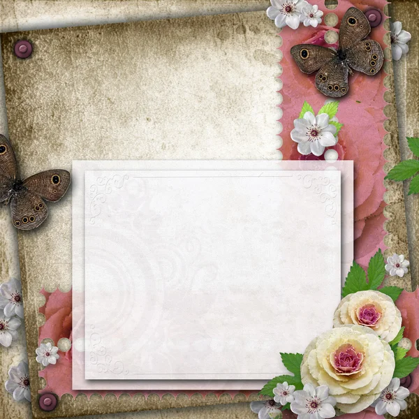 Sfondo vintage con cartolina, farfalla e rose per congratul — Foto Stock
