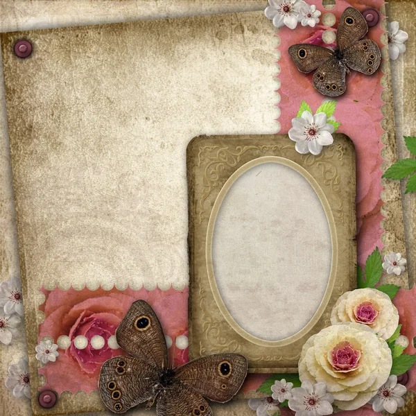Fundo vintage com moldura de papel, borboleta e rosas para parabéns e convites — Fotografia de Stock