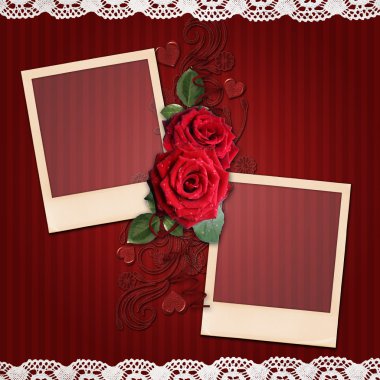 Red stripes background with elegant frames, roses for valent clipart