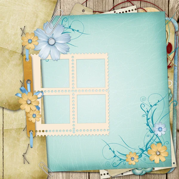 Old shabby style photoalbum with paper frames for photos — Stock Photo, Image