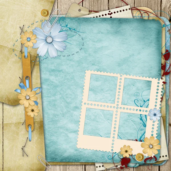 Old shabby style photoalbum with paper frames for photos — Stock Photo, Image