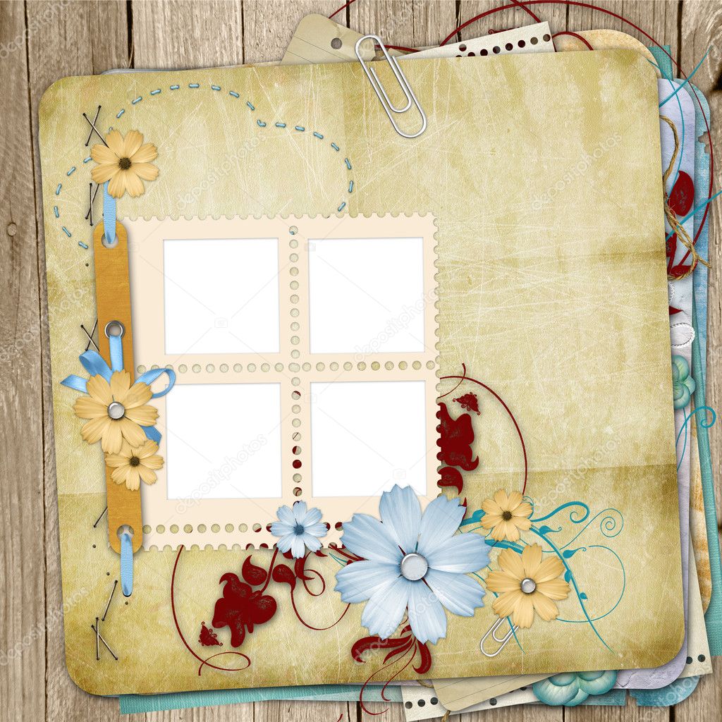 Old shabby style photoalbum with paper frames for photos