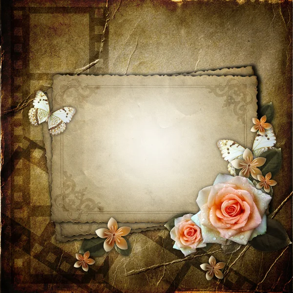 Ročník pozadí s rámem papíru a květiny — Stock fotografie