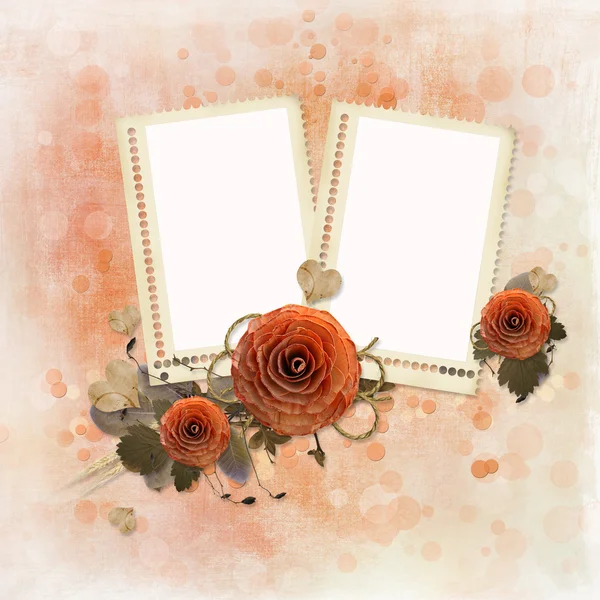 Grunge background with two photo frames and wooden roses — Stock Photo, Image