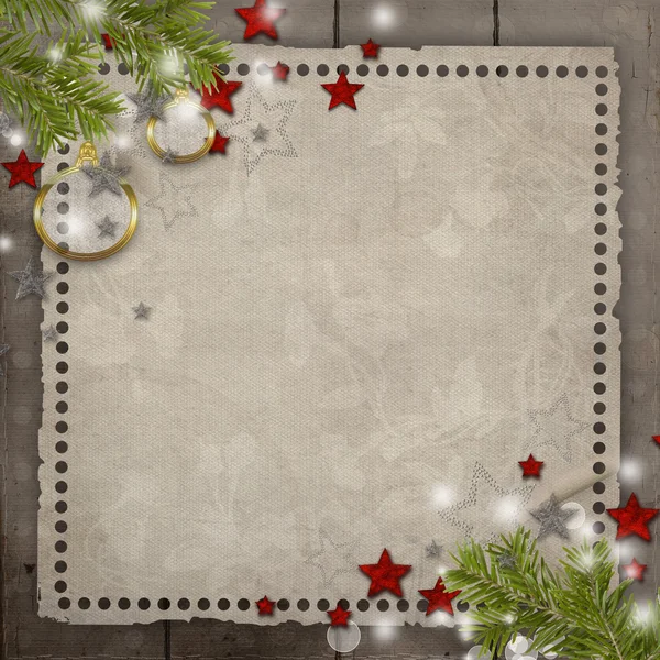 Retro tło Boże Narodzenie z sosny, piłka, gwiazdy, światła i co — Zdjęcie stockowe