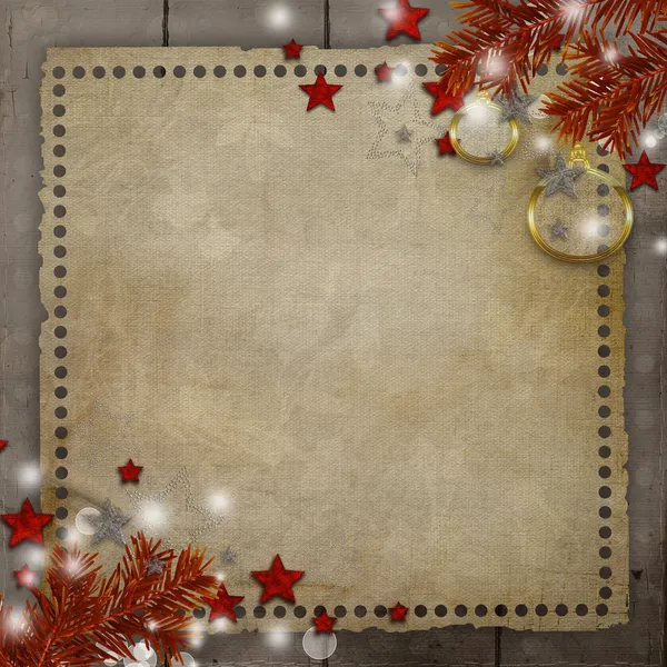 Retro-Weihnachtshintergrund mit Kiefer, Kugel, Sternen, Lichtern und Co — Stockfoto