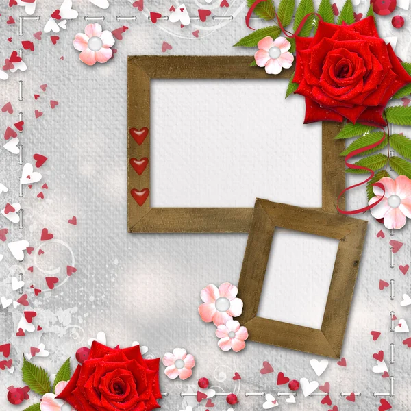 Карточка для поздравления или приглашение с сердечками и красными розами — стоковое фото