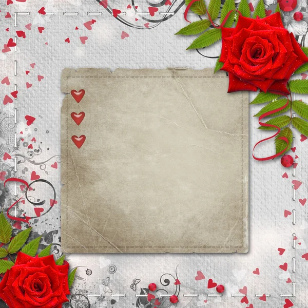 Κάρτα για συγχαρητήρια ή πρόσκληση με καρδιές και κόκκινα τριαντάφυλλα — Φωτογραφία Αρχείου