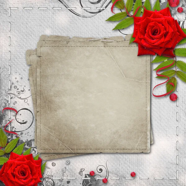 Karta gratulacje lub zaproszenie z serca i czerwone róże — Zdjęcie stockowe