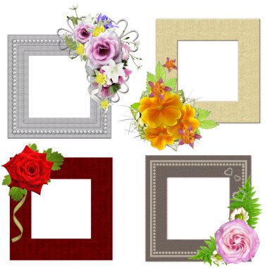 The frames is decorated with a bouquet of flowers. Isolated on w clipart