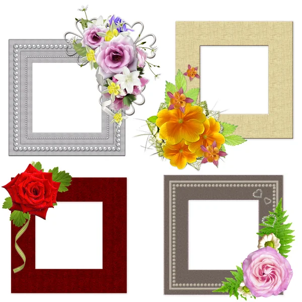 The frames is decorated with a bouquet of flowers. Isolated on w — Stock Photo, Image