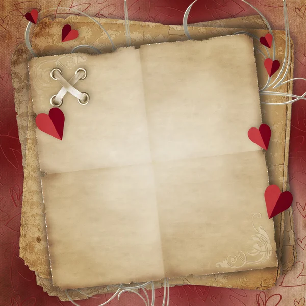 Hälsningen kort till St. Alla hjärtans dag med hjärtan och gamla papper — Stockfoto