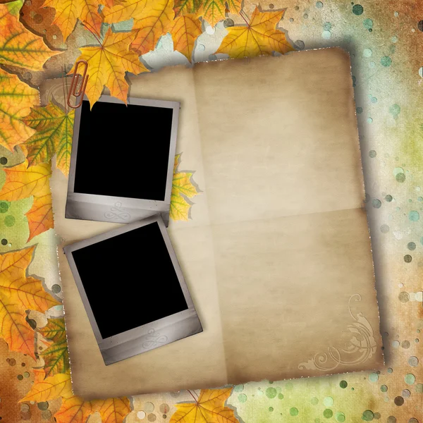 Eski kağıt ve sonbahar yaprakları ile fotoğraf çerçeveleri — Stok fotoğraf