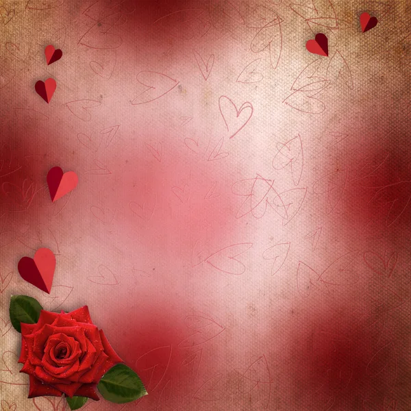 Grußkarte zum Valentinstag mit Herzen und roter Rose — Stockfoto