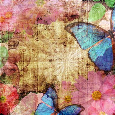 Vintage background with butterfly and flowers clipart