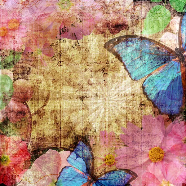 Винтажный фон с бабочкой и цветами Стоковая Картинка