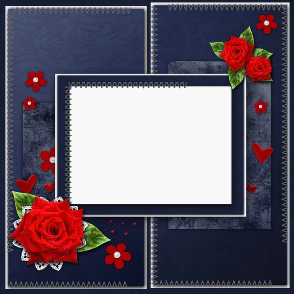 Ročník elegantní modrá rám s růží, krajky a perly — Stock fotografie