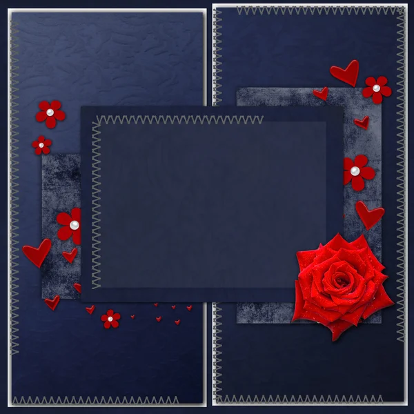 Урожай елегантна блакитна рамка з трояндами, мереживом і перлами — стокове фото