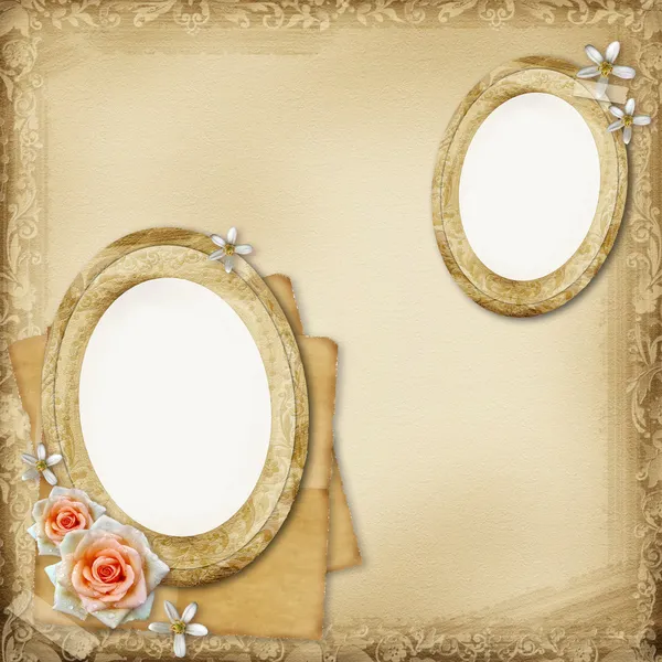Ancient photo album page background with oval frames and rose — Stock Photo, Image