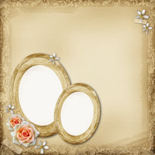 Ancient photo album page background with oval frames and rose — Stock Photo, Image