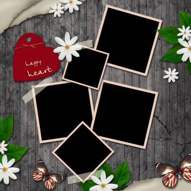 Blank instant photos and small red heart on old wooden grunge ba clipart