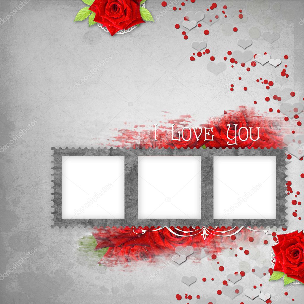 Retro background with stamp-frame, hearts, text I love you, red