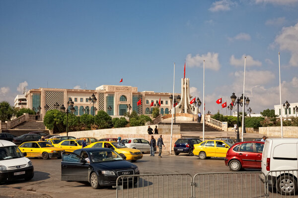 Heavy traffic close to city hall of Tunis, Tunisia