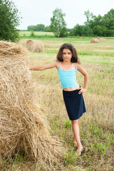 Indah gadis berambut panjang di lapangan — Stok Foto