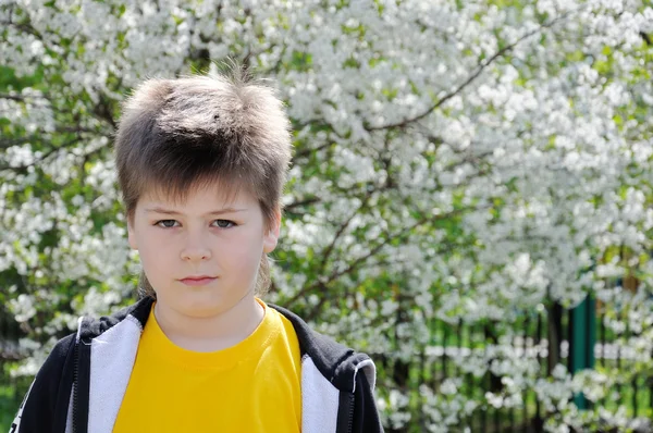 De jongen in de tuin in het voorjaar van — Stockfoto