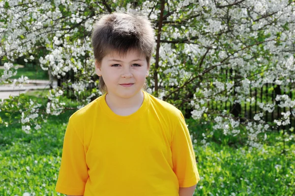 Мальчик в саду весной — стоковое фото