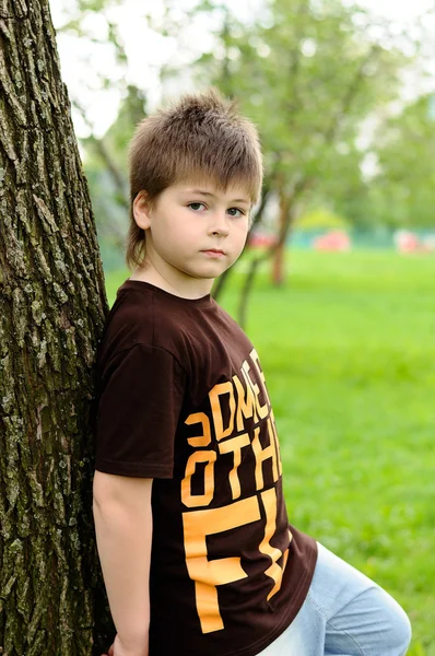 Il ragazzo vicino a un albero nel parco — Foto Stock