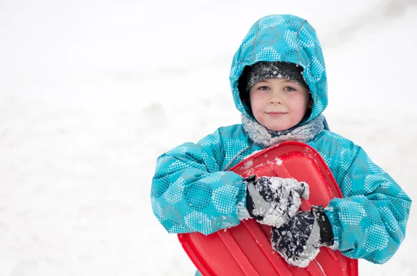 Boy with sleds on the hill — Stock Photo, Image