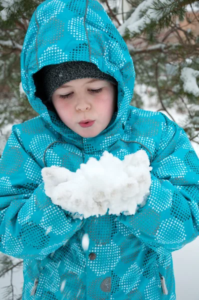 O menino no parque de inverno nevado — Fotografia de Stock