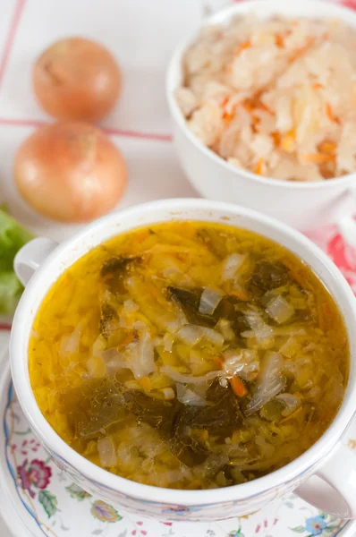 ロシアの国の料理 - 塩漬けキャベツ スープ — ストック写真