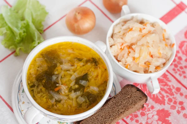 ロシアの国の料理 - 塩漬けキャベツ スープ — ストック写真