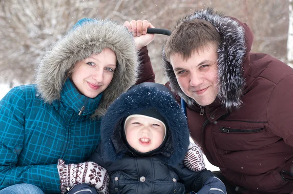 Aile kış kar yağışı sırasında parkta yürüyüş — Stok fotoğraf