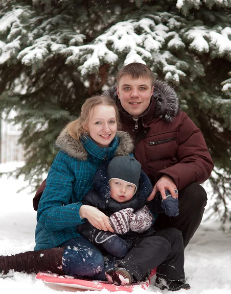 Família caminhando no parque durante a queda de neve de inverno — Fotografia de Stock