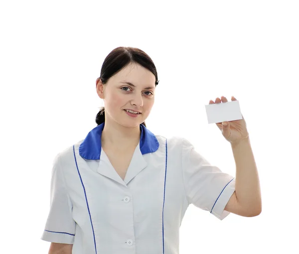 Médico mantém um cartão em branco na sua mão — Fotografia de Stock