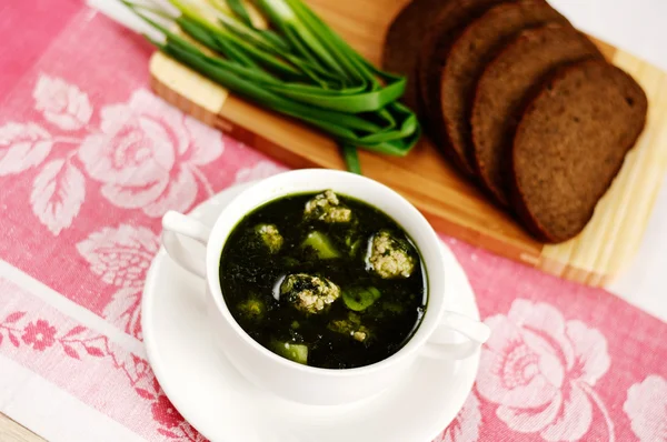 Суп зі шпинатом та фрикадельками — стокове фото