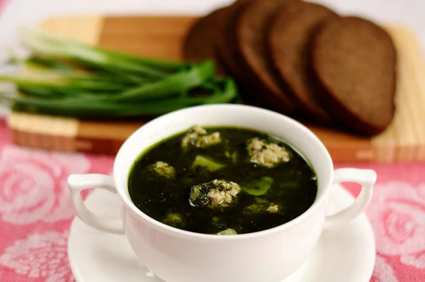 Суп зі шпинатом та фрикадельками — стокове фото