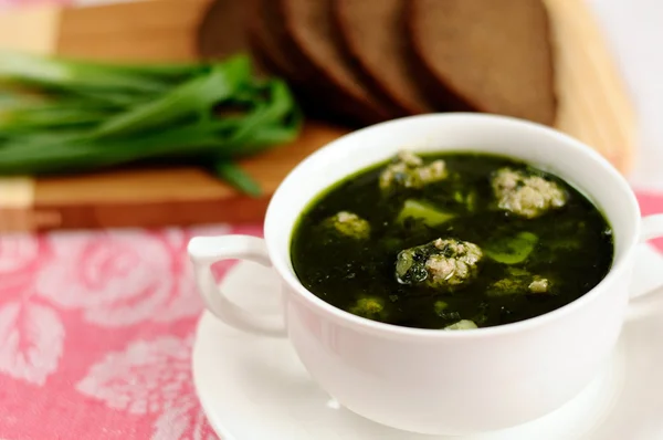 Суп со шпинатом и фрикадельками — стоковое фото