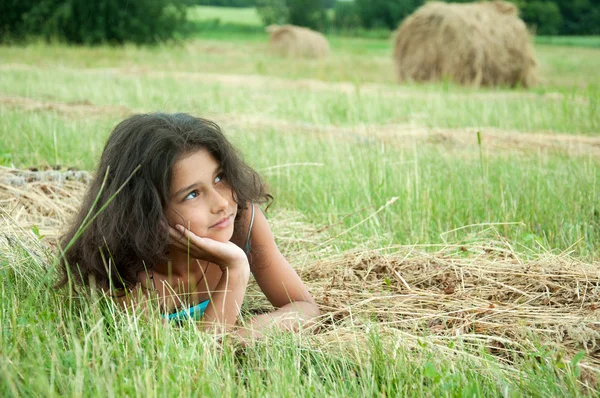 Beautiful long-haired girl in a field — Stock Photo, Image