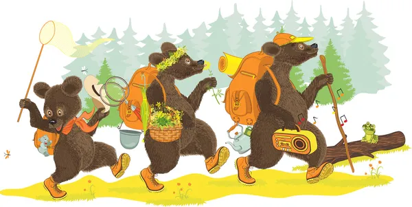 Three bears hiking — Stock Vector