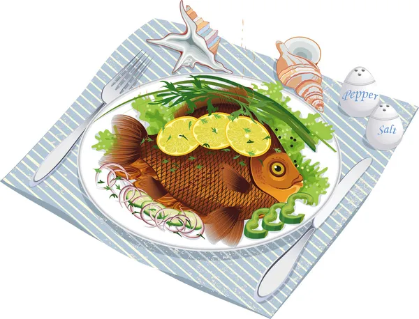Ψητά ψάρια με λαχανικά σε ένα πιάτο — Διανυσματικό Αρχείο