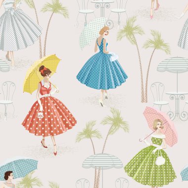 Background with women walking with parasols clipart